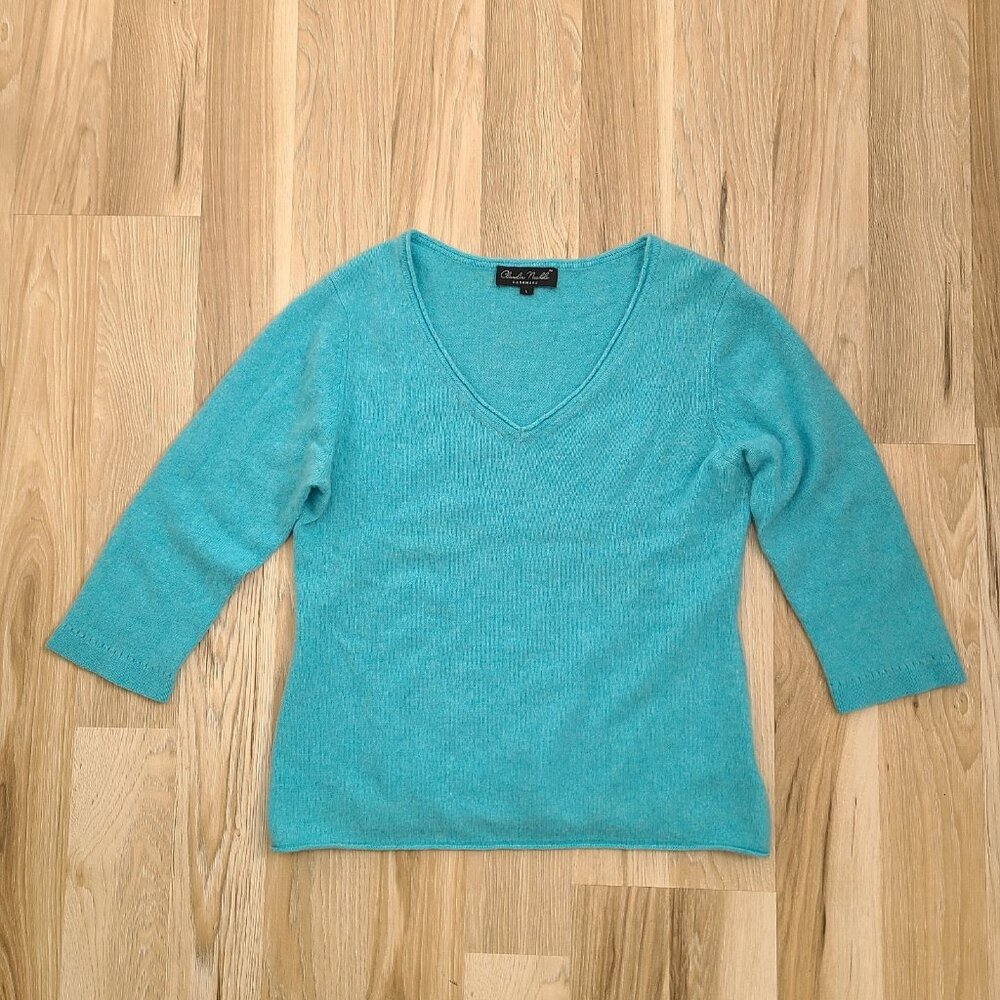 Claudia Nicole Cashmere Sweater Crewneck 3/4 sleeve  Size L Blue